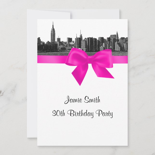 NYC Wide Skyline Etched BW Hot Pink Birthday Party Invitation (Front)