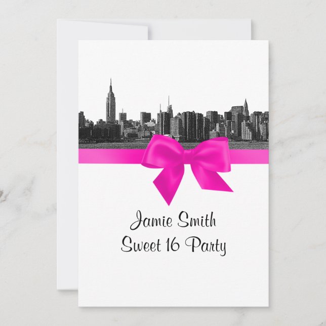NYC Wide Skyline Etched BW Hot Pink Sweet 16 Invitation (Front)
