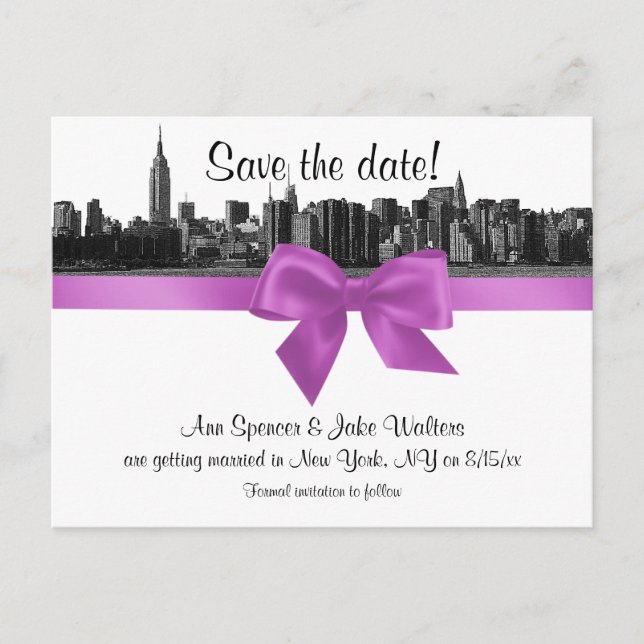NYC Wide Skyline Etched BW Lilac Save the Date Announcement Postcard (Front)