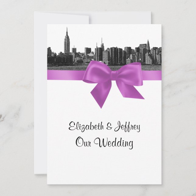 NYC Wide Skyline Etched BW Lilac Wedding Invitation (Front)