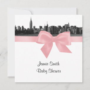 NYC Wide Skyline Etched BW Pink Baby Shower SQ Invitation