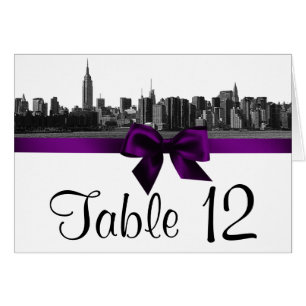 NYC Wide Skyline Etched BW Purple Table Number
