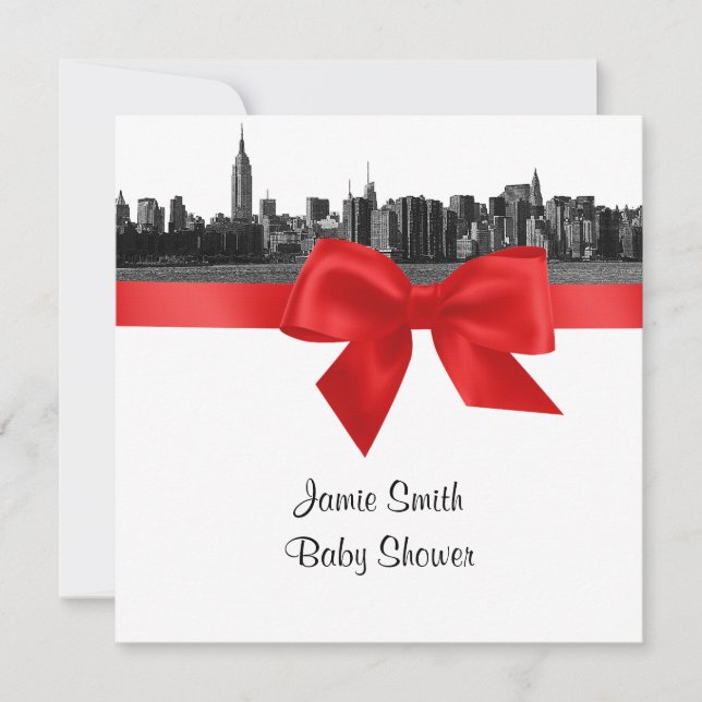 NYC Wide Skyline Etched BW Red Baby Shower SQ Invitation (Front)