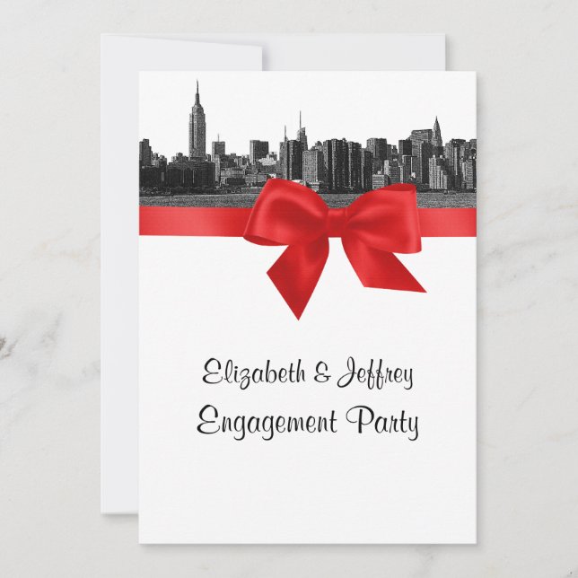 NYC Wide Skyline Etched BW Red Engagement Party Invitation (Front)