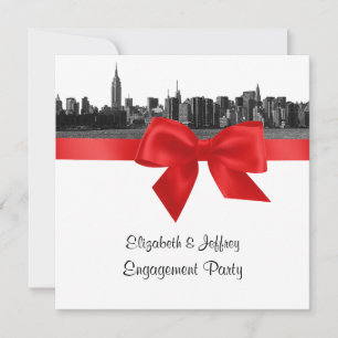 NYC Wide Skyline Etched BW Red Engagement Party SQ Invitation
