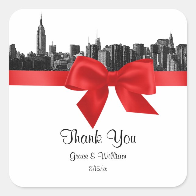 NYC Wide Skyline Etched BW Red Favour Tag (Front)