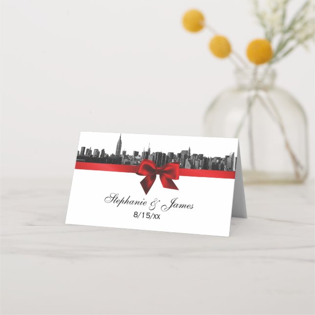 NYC Wide Skyline Etched BW Red Wedding Escort Card (Front)