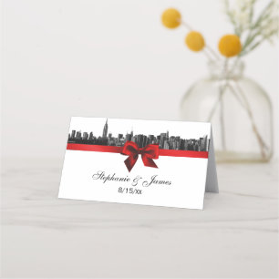 NYC Wide Skyline Etched BW Red Wedding Escort Card