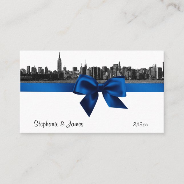 NYC Wide Skyline Etched BW Royal Bl Place Cards #2 (Front)