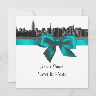 NYC Wide Skyline Etched BW Teal Sweet Sixteen SQ Invitation