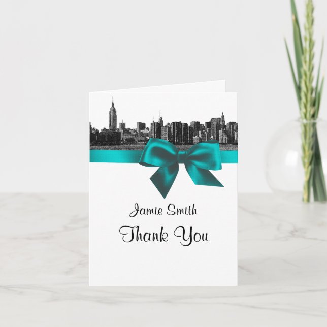 NYC Wide Skyline Etched BW Teal Thank You #2 (Front)