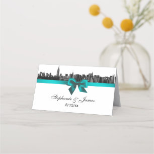 NYC Wide Skyline Etched BW TealWedding Escort Card