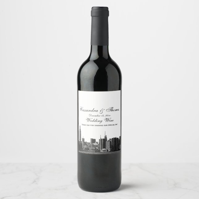NYC Wide Skyline Etched BW Wine Bottle Label (Front)