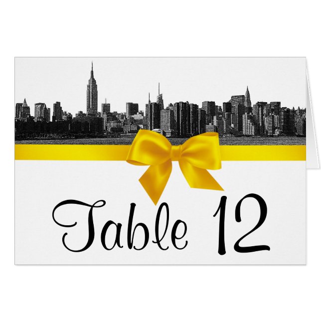 NYC Wide Skyline Etched BW Yellow Table Number (Front Horizontal)