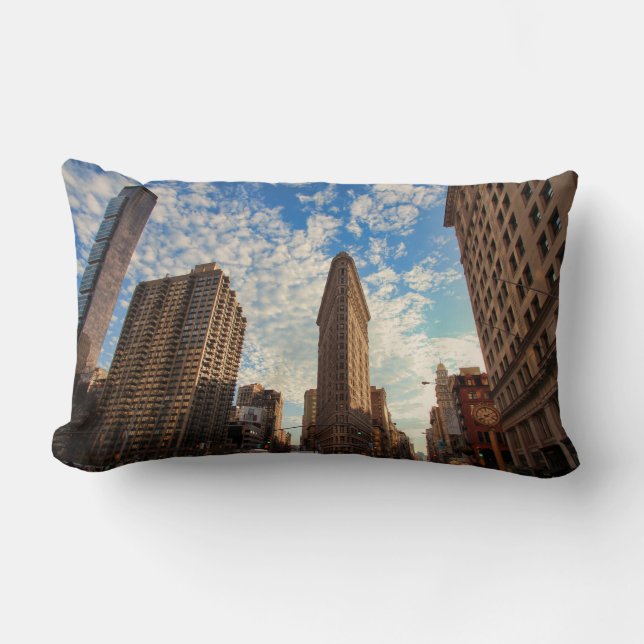 NYC's Flatiron Building, Wide View, Puffy Clouds Lumbar Pillow (Front)