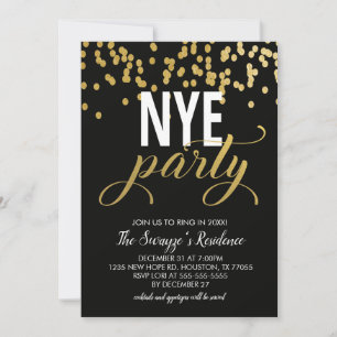 NYE Party Invitation   Black and Gold Confetti