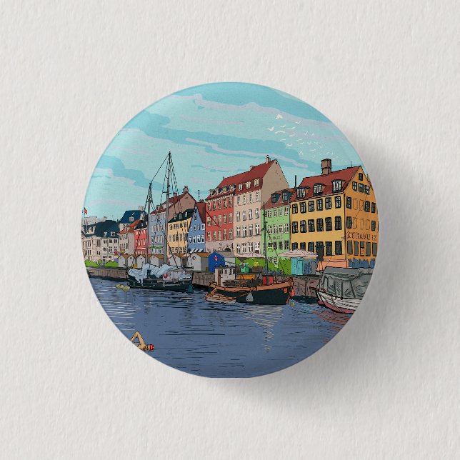 Nyhavn Copenhagen Denmark Whimsical llustration 1 Inch Round Button (Front)