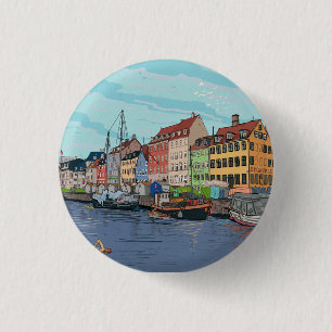 Nyhavn Copenhagen Denmark Whimsical llustration 1 Inch Round Button