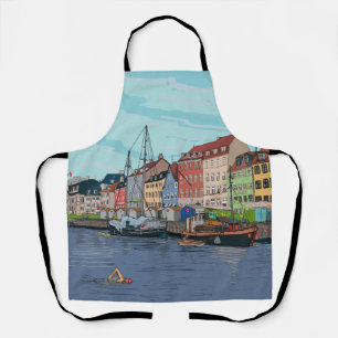 Nyhavn Copenhagen Denmark Whimsical llustration Apron