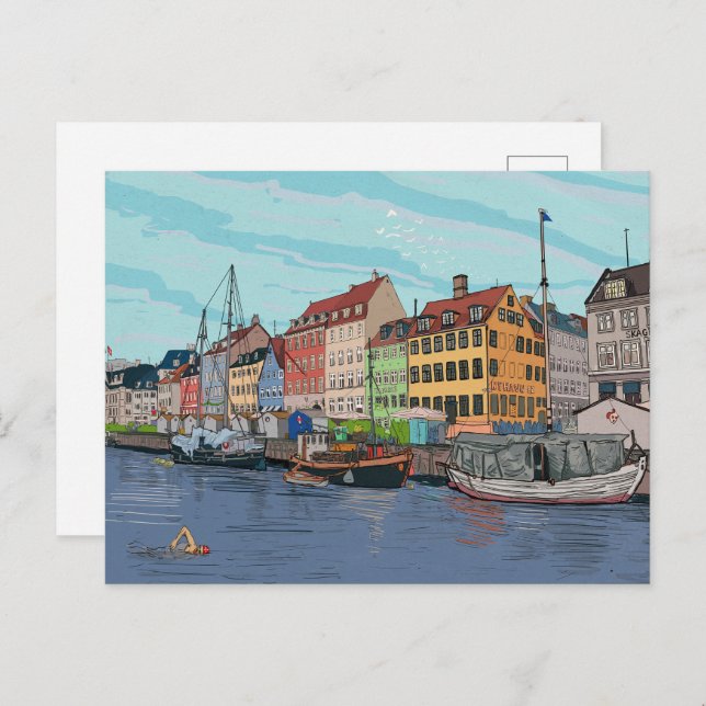 Nyhavn Copenhagen Denmark Whimsical llustration Postcard (Front/Back)