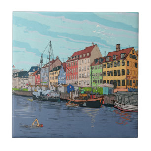 Nyhavn Copenhagen Denmark Whimsical llustration Tile