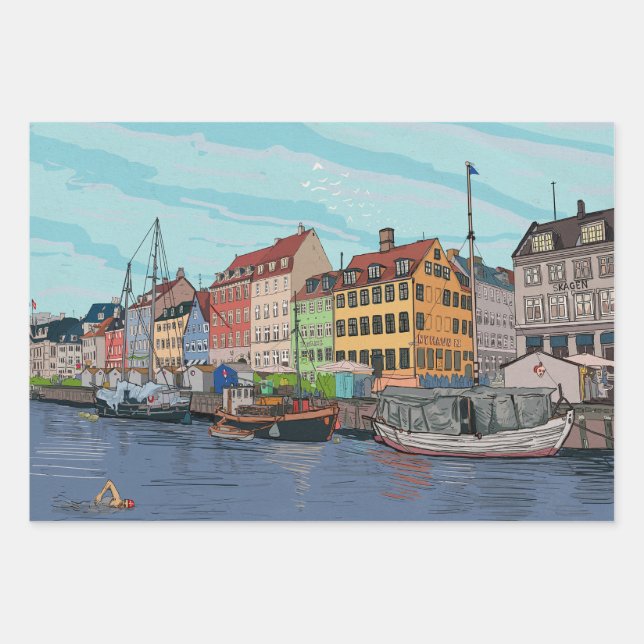 Nyhavn Copenhagen Denmark Whimsical llustration Wrapping Paper Sheet (Front)
