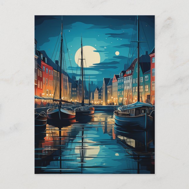 Nyhavn Copenhagen Moonlit Canal Night Postcard (Front)