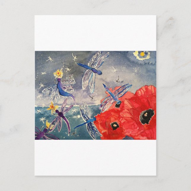 Nymphs and Dragonfly Watercolor Painting Postcard (Front)