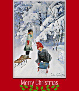 Christmas Kids Sledding Lillian Vernon Post Card Unused Children playing in snow