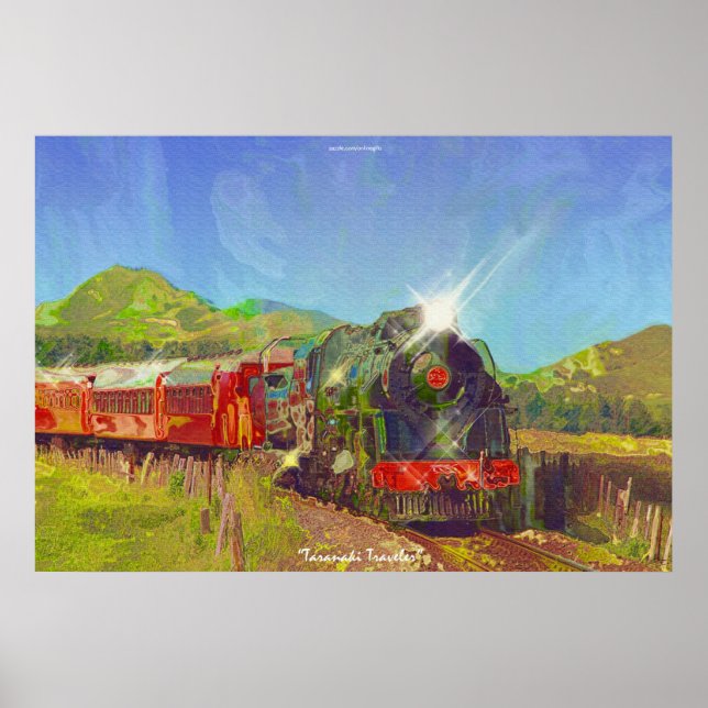 NZ Steam Train Modern Painting on a Poster (Front)