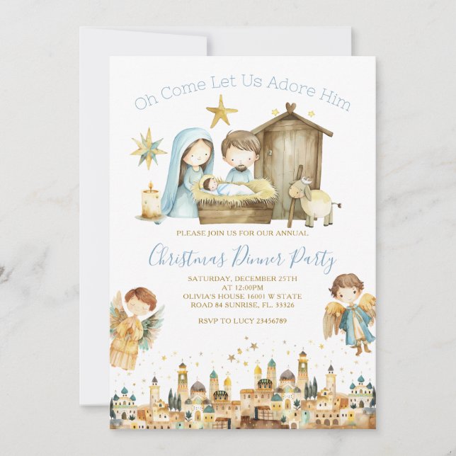 O Come Let Us Adore Him Christian Nativity Holiday Invitation (Front)