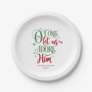 O Come Let Us Adore Him Red Green Elegant Paper Plate