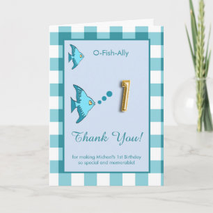 O Fish Ally 1st Birthday Photo Teal Blue Gingham  Thank You Card