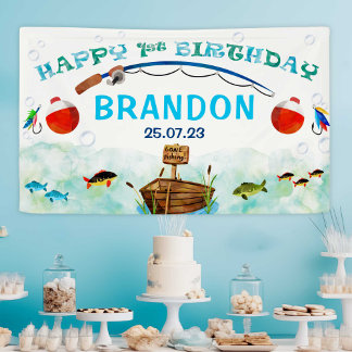 O-fish-ally fishing themed 1st birthday backdrop banner
