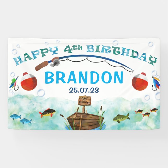 O-fish-ally fishing themed 4th birthday backdrop banner (Horizontal)