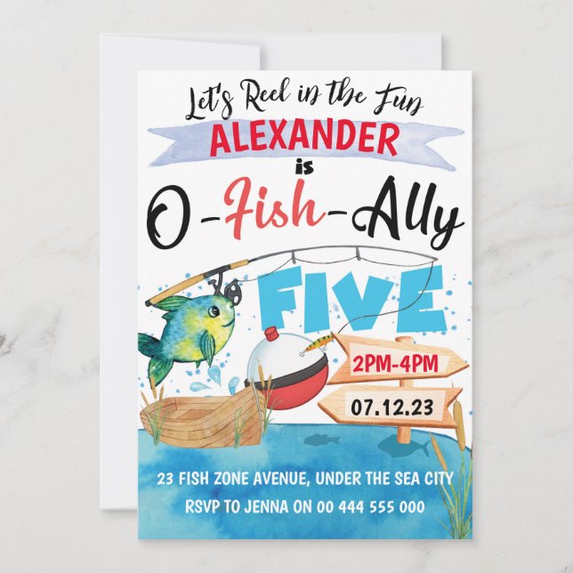 O-Fish-Ally Five Fishing 5th Birthday Boy Invitation (Front)