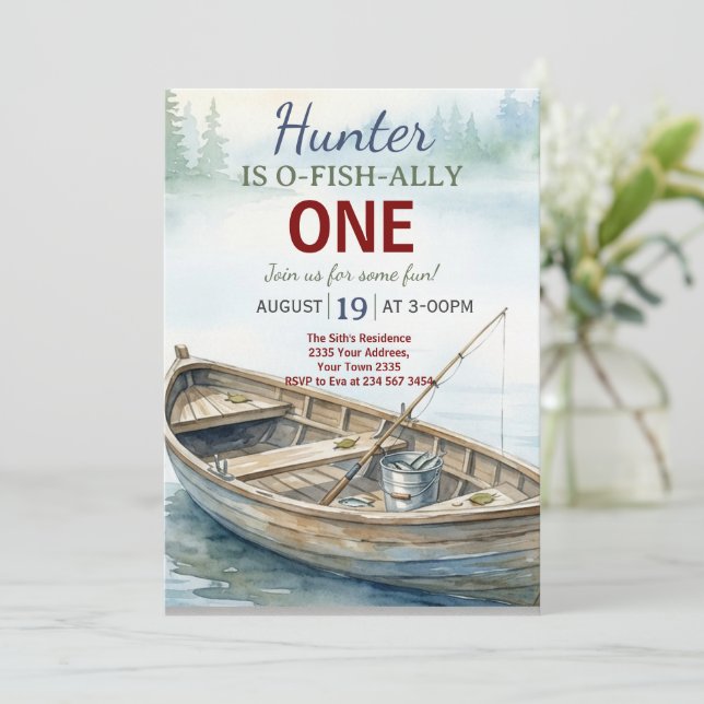 O-fish-Ally, Little Fisherman, 1st  Birthday Party Invitation (Standing Front)