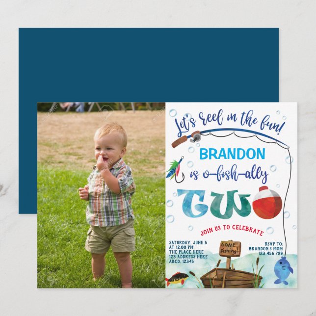 o-fish-ally, Little Fisherman 2nd Birthday photo Invitation (Front/Back)