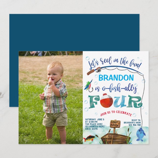 o-fish-ally, Little Fisherman 4th Birthday photo Invitation (Front/Back)