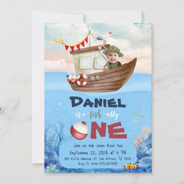 O-fish-ally One Fishing 1st Birthday Invitation (Front)