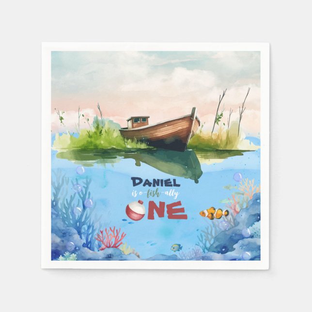 O-fish-ally One Fishing 1st Birthday Paper Napkin (Front)