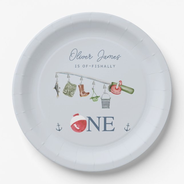 O-fish-ally one fishing 1st boy birthday paper plate (Front)