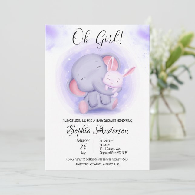 O Girl Rabbit and Elephant Baby Shower Invitation (Standing Front)