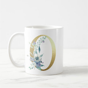 O,  golden initial with blue floral foliage coffee mug