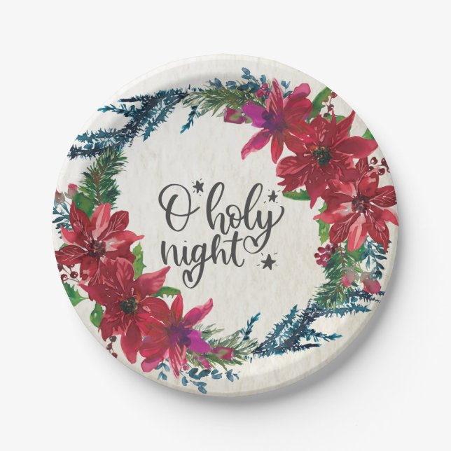 O Holy Night, Christmas Carol Red Poinsettia Paper Plate (Front)