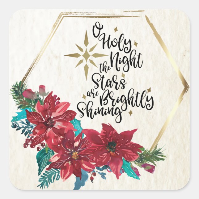 O Holy Night, Christmas Carol Red Poinsettia Square Sticker (Front)