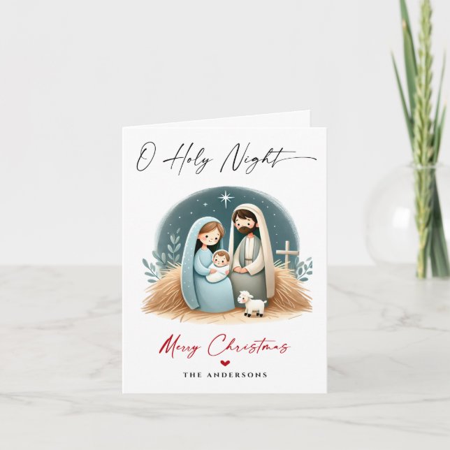 O Holy Night Christmas Nativity Scene Family Photo Holiday Card (Front)