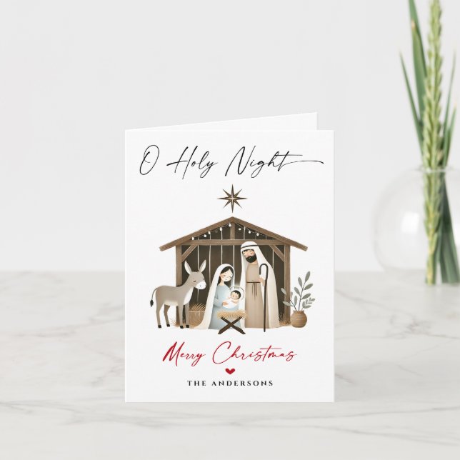 O Holy Night Christmas Nativity Scene Family Photo Holiday Card (Front)
