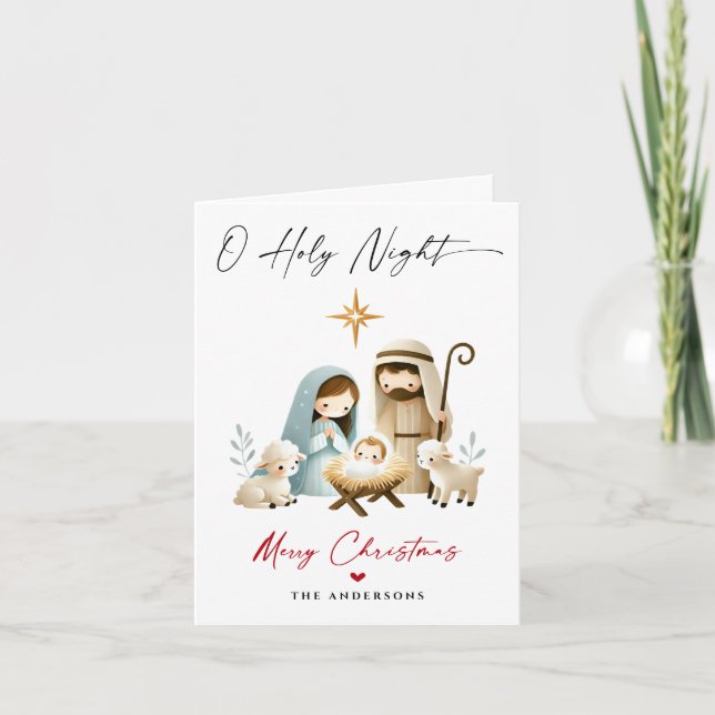 O Holy Night Christmas Nativity Scene Family Photo Holiday Card (Front)