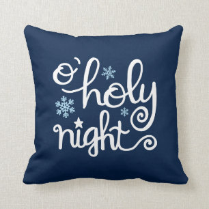 O Holy Night Modern Hand Lettered Christmas Blue Throw Pillow